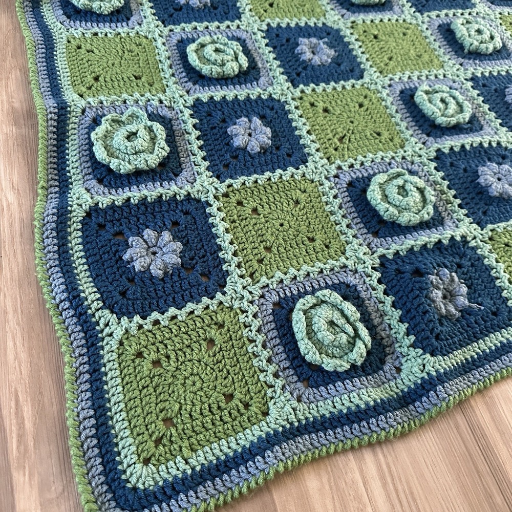 Vintage Granny Square Crochet 3D Rose Afghan 58 x 44 Green Blue Throw Cottage